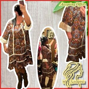 Matilda Jane NEW - Sz XL - Bohemian Floral Dress with Lace Trim and 3/4 sleeves